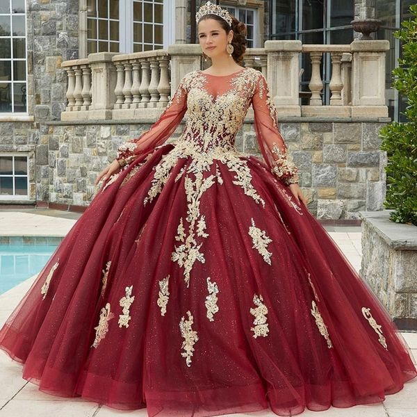 Puffy See Throug À Manches Longues Robes De Quinceanera Robe De Bal De Perles Adolescentes Robes D'anniversaire En Dentelle Appliques Glitter Robe De 15 Anos 326 326