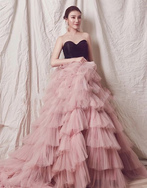 Puffy chérie robes de bal une ligne noir et rose poussiéreux jupe à plusieurs niveaux longues robes de soirée formelles femmes robe de concours robe d'occasion spéciale