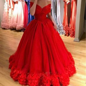 Puffy Tulle Red Prom Dress glamoureuze off-the-shoulder applique rits-back quinceanera jurken 2017 Nieuwe collectie A-lijn avond feestjurken