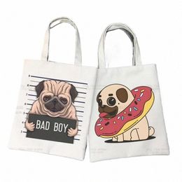 Pug Dog Women Canvas Tote Bag Eco Dug Life Shop Bag Gran capacidad Bad Dog Bolsa de hombro Mujer Mujer Beach Shopper q19O #