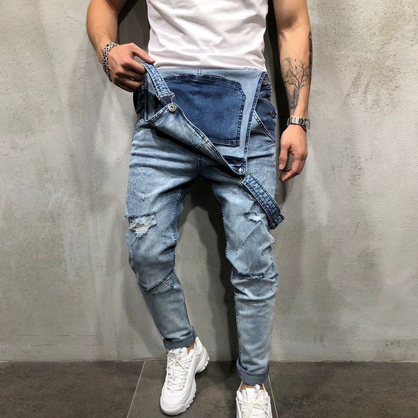 Puimentiua 2019 Fashion Mens Ripped Jeans Jumps Curchs Street Ared Hole Denim Bib Sauthomobile pour l'homme Pantalon à suspension Taille M-xxl 4dl1