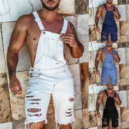 Puimentiua Fashion Plus Size Summer Men's Overalls Solid Color Ripped Denim Shorts Slim Fit Overalls Casual Pants 201111