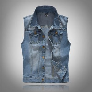 PuiSiua Mens Denim Jeans Vestjas Ripped Slim Pocket Mouwloze Jas 5XL Lente Mannelijke Streetwear Cowboy Gedachten Jassen