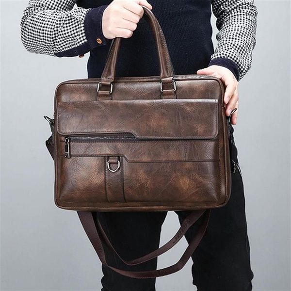 PUIMENTIUA Rétro Hommes Couleur Unie Sac Faux Porte-Documents En Cuir Grande Capacité Sac À Bandoulière Grand Occasionnel Ordinateur Portable D'affaires Porte-Documents342h269E