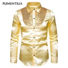 Puimentiua chemise à paillettes hommes robe de marié de mariage chemises à manches longues hommes discothèque Disco danse fête bal Custyme mode 2020320n