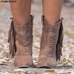PUIMENTIUA, botas vaqueras occidentales con borlas para Mujer, botas vaqueras De cuero, Zapatos De tacón bajo, botas De invierno, Zapatos De Mujer Y0914