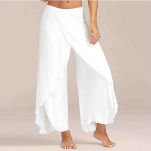 Pruimiua vrouwen zomer chiffon onregelmatige zijbroek vrouwen causale wijde been split broeken vrouwelijke massieve elastiek was losse broek q0801