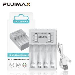 PUJIMAX 4 Rangedera Batería inteligente rápida Cargador USB para 1.2V AA AAA NICD NIMH Batería recargable LCD Pantalla LCD Charger rápido con paquete de caja