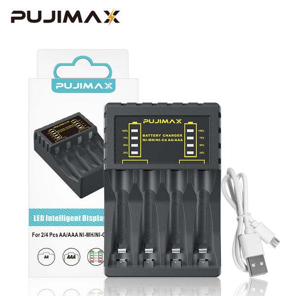 PUJIMAX – chargeur de batterie électrique à 4 emplacements, indicateur LED rapide Intelligent, USB, pour batterie Rechargeable AA/AAA Ni-MH/ni-cd