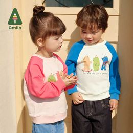 Pullover Amila Baby Boy Girl Sweatshirts 2024 Printemps Nouveau O-Neck Contrast Contrast Meton Cartoon Match Athletic Baby Clothingl240502