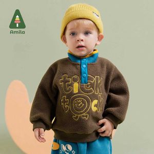 Pullover Amila Baby Boy Hoodie 2023 Winter Nieuwe multi -kleuren verticale kraagwol zachte en comfortabele geborduurde babykledingl240502