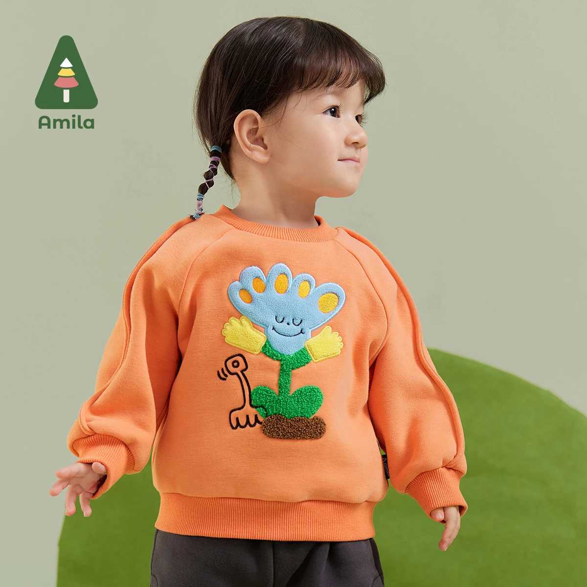 Pullover Amila Baby Girl Hoodie 2023 Winter New Multi Color Round Neck Soft Cartoon Pattern Warm Baby ClothingL240502