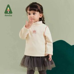 Pullover Amila Baby Girl T-shirt 2023 Winter Nieuwe multi-color High Neck Wol Soft en schattige babykledingl240502