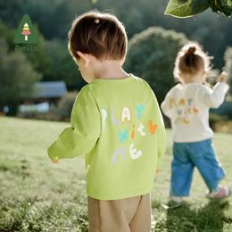Pullover Amila baby t-shirt 2024 veer nieuwe pure katoenen vaste kleur baby schattige cartoon patroon casual kinderkinderen topl240502