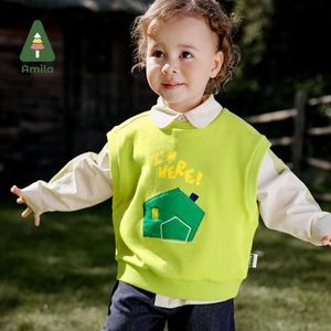 Pullover Amila Baby Vest 2024 Spring Nieuwe Soft Comfortabele Doek Applique Solid Color Elastic O-Neck Casual Boys Topsl2405L2405