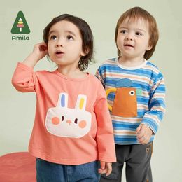Pullover Amila Boys and Girls T-shirt 2023 herfst nieuwe ronde nek drop schouder babykleding warm en ademend baby topl240502