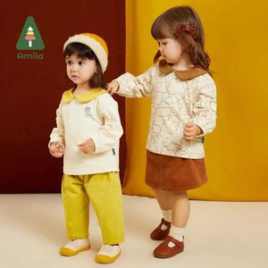 Pullover Amila Girls T-shirt 2023 Autumn Nieuwe Full Print Doll Neck Break Cotton Fashion Baby Clothing Warm en ademende babykledingl240502