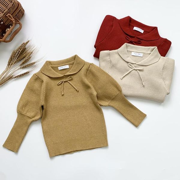 Pull automne bébé enfants filles manches bouffantes pull en tricot de couleur Pure pulls d'hiver vêtements pour enfants pull