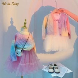 Jersey Baby Girl Knit Cardigan Tie Dye Rainbow Infantil Niño Niño Suéter Traje Ropa Bebé Cardigan Pastel Prendas de punto Abrigo Top 1-10Y 231017