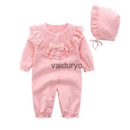 Pullover Baby Girl Rompers One Piece Romper+Hat Long Sleeve Jumpsuit Cotton Lace Toddler Clothing Infant Rompers Princess Style kleding H240508