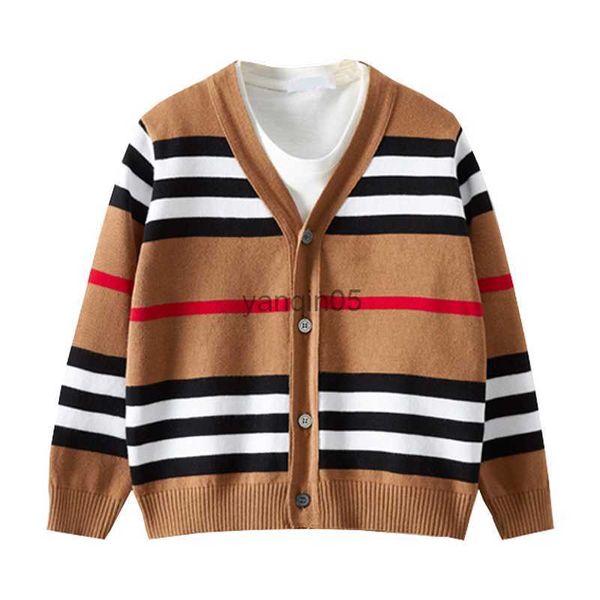 Pull marron garçons cardigans 100% coton filles chandails rayé automne vêtements pour enfants HKD230719