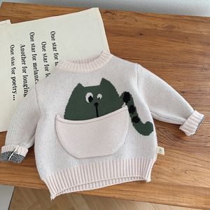 Pullover Kinderkleding 06 Jaar Oude Winter Truien voor Jongens Jacquard Cartoon Gebreide Grote Zak Trui 230619