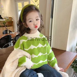 Pullover Children's Velvet Sweaters herfst winter 2023 Nieuwe babymeisjes hartprint pullover tops Koreaanse kinderen verdikt warm gebreide sweate x0818