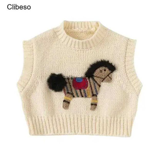 Pull Clibeso tricot pull gilet pour garçons haut d'hiver vêtements pour enfants 2023 enfants garçon dessin animé cheval broderie sans manches tricots L231215