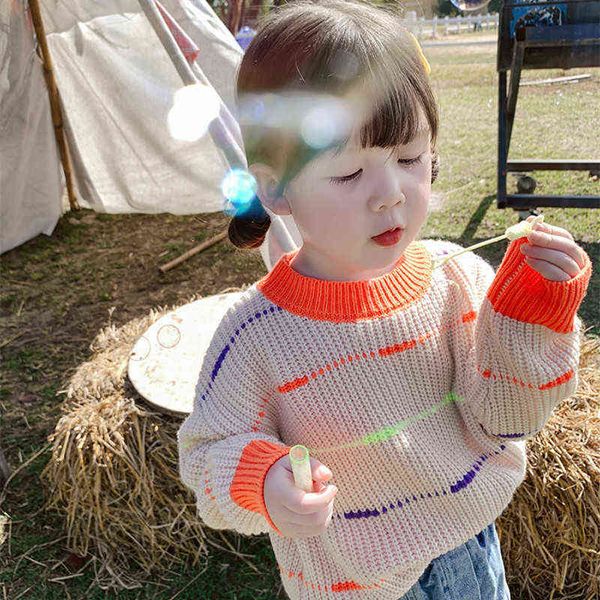 Pull DFXD Toddler Girl Candy Color Rainbow Striped Full Sleeve Kids Fall Knitted Tops Pull Outfits 2-7Yrs Vêtements pour enfants 0913