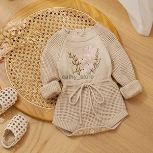 Pullover Borduren Bloemen Baby Meisjes Trui Romper Pasgeboren Gebreide Kleding Met Lange Mouwen Trekkoord Prinses Truien Winter Herfst JumpsuitL231215