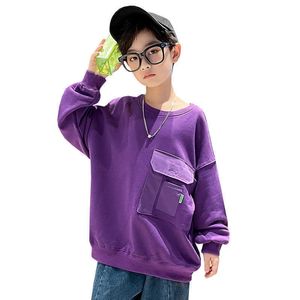 Pullover mode kinderen tops lente herfst kinderen jongens pocket sweatshirts katoen paarse zwart t shirt tienerkleding 10 12 14yrs 220924