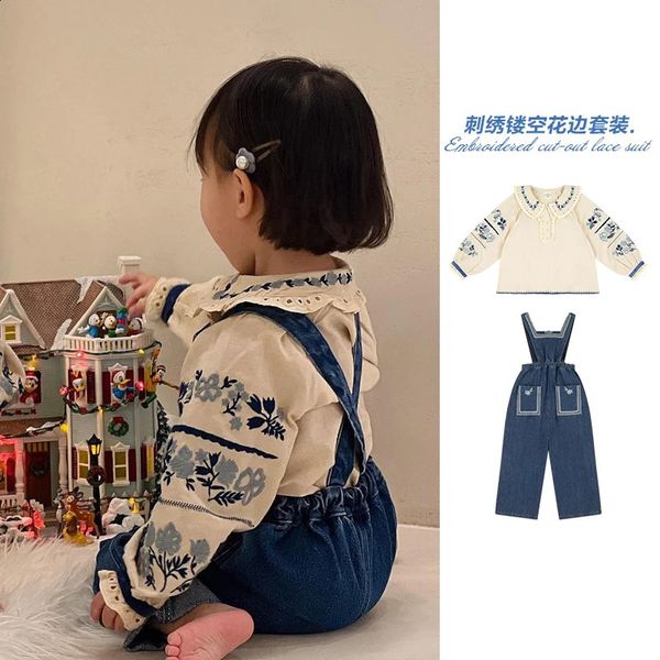 Jersey Ropa para niños Camisas para niñas Pantalones para otoño 2023 Blusa floral bordada para niños Jeans con tirantes Ropa para niños 231109