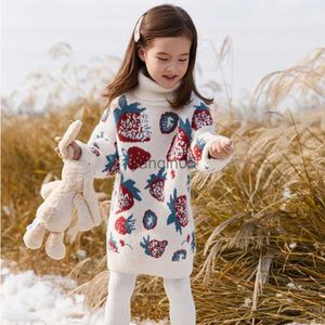 Pullover Kinderen Meisjes X-lange Truien Aardbei Gedrukt Gebreide Truien Coltrui Herfst Winter Katoenen Tops Tienermeisje Casual Trui HKD230719