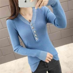 Pullover gebreide trui vrouwen casual stiksels metalen plaat dunne top v-hals gestreepte lange mouwen herfst vrouwelijke 210427