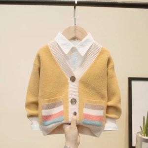 Pullover Korean Fashion Spring Autumn Boys Pocket Sweaters Coat Kids Boy Open Stitch Sweater Jacket Kinderen gebreide kleding A44 230823