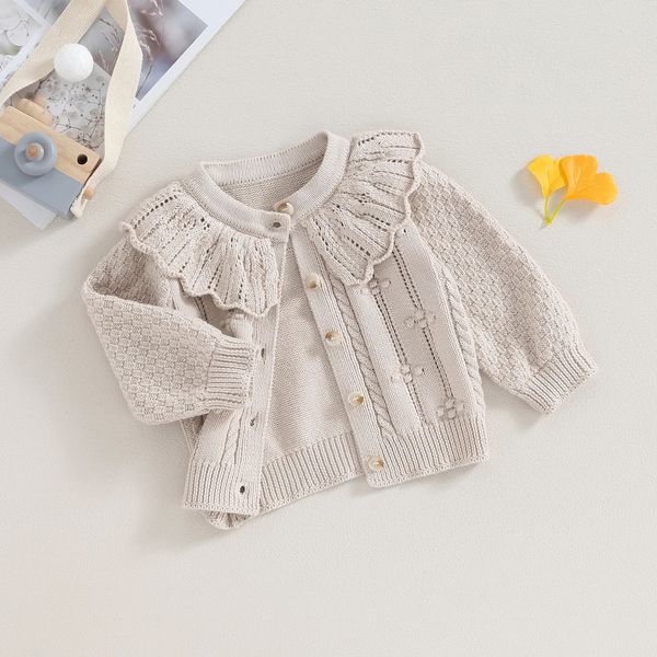 Pull princesse bébé filles tricoté cardigan pull mignon col de poupée crochet bouton fermeture vêtements vêtements d'extérieur hiver enfants hauts tenues 231215