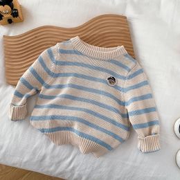 Pullover Printemps école Style garçon enfants rayé tricoté pull enfant fille broderie ours à manches longues hauts bébé pull décontracté chemises 231017