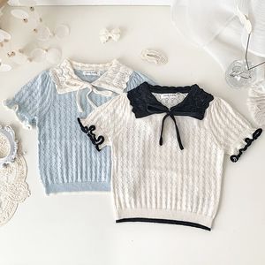 Pull été bébé enfants pull Style coréen filles chandails tricotés minces volants évider pulls à manches courtes hauts 230619
