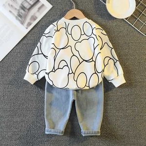 Trui Peuter Baby Boy Kleding Mode Cartoon Print Sweatshirt + Jeans Sets Herfst Kinderen Lange Mouw Denim Pakken Kinderkleding