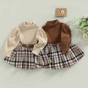 Pull-over pour petites filles, tenue d'automne pour enfants, ensembles de vêtements pour bébés, couleur unie, manches longues, col roulé, hauts côtelés + jupe trapèze à carreaux L231215