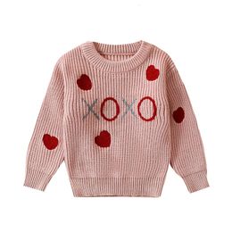 Trui Peuter Kinderen Baby Meisje Valentijnsdag Trui Hartborduurwerk Oversized Gebreid Sweatshirt Ronde hals Trui Tops 231108