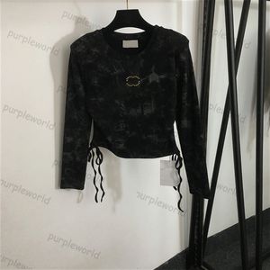 Pull haut pour femmes, décoration matérielle, taille plissée, teinture par nouage, t-shirt à manches longues, chemise de Base