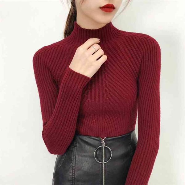 Pull hiver long pull femme Jersey surdimensionné femmes automne tricoté s Pull col roulé dames rouge 210507
