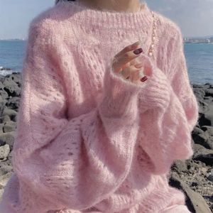 Pulóveres HOUZHOU-suéter de Mohair rosa para mujer, suéter de punto fino con cuello redondo, informal, holgado, de manga larga, jerséis coreanos de otoño