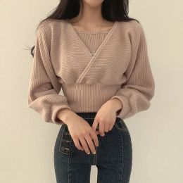 Pullovers gebreide truien tweedelige Koreaanse mode slanke mouwloze riemtank + v nek lange puff puff pullover pullover crop topshipping