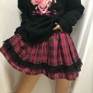 Pullovers Mall Goth Lace Lolita mini rok vrouw kawaii roze plaid geplooide pastel goth egirl kleren donkere academia esthetische rokken