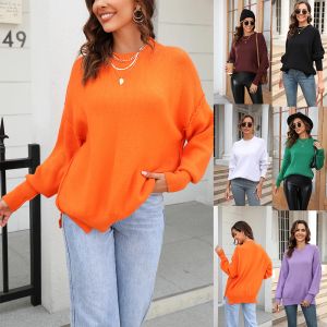 Pulóveres de cuello redondo para mujer, suéter tejido de ganchillo, Jersey holgado naranja Y2k, Top de manga larga, jersey para primavera, Otoño e Invierno