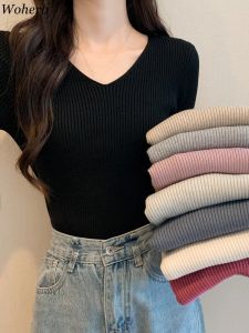 Pulls chemises pour femmes printemps automne col en V à manches longues t-shirts couleur unie tunique mode t-shirts Y2k hauts décontracté coréen tricoté T