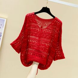 Pullovers Summer Easing Hollowout Sweater Smock Bat Sleeve Vneck Brim Net Unlined Upper Garment om touw dunne jas te tekenen