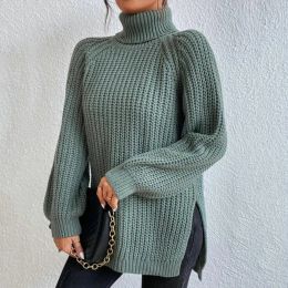 Pullovers Trendy pullover trui, middellange damestrui, split aan de zijkant, veelzijdige dames, pure kleur, basissweater, trui